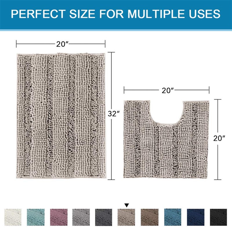 H.VERSAILTEX Bathroom Rugs Bath Rug Set 2 Piece Bathroom Contour Rug Toilet Mat Sets Non Slip Contour Bath Rug Ultra Thick Water Absorbent Striped Bath Mats Washable(20" x 32" Plus 20" x 20" U, Taupe) - Image 5